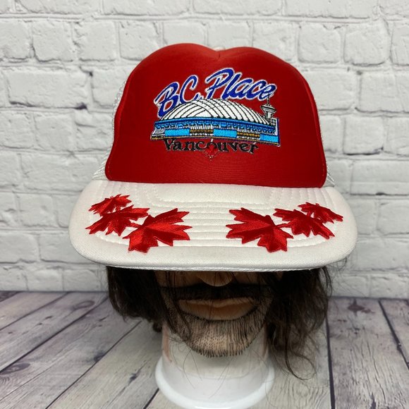 Vintage Trucker Hat Mesh Leaf Cap Snapback Red White BC Place Vancouver Canadian - Picture 1 of 9
